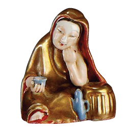 圖為清道光廣彩開(kāi)光花蝶人物紋雙人耳方口扁瓶細(xì)節(jié)圖，圣母紐蓋。（來(lái)源：廣州十三行博物館）